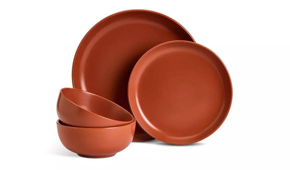 Stoneware Dinner Set, 12 Piece, Rust Colour, Plates and Bowls