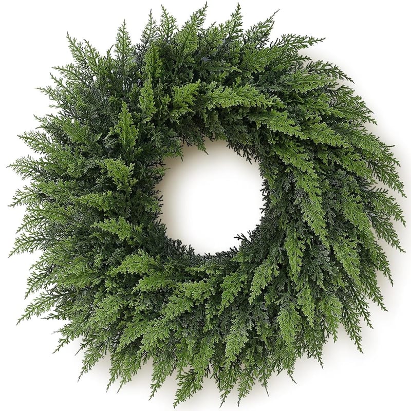 24" Real Touch Cedar Wreath for Front Door, Artificial Greenery Wreath for Home Wall and Porch Decoration