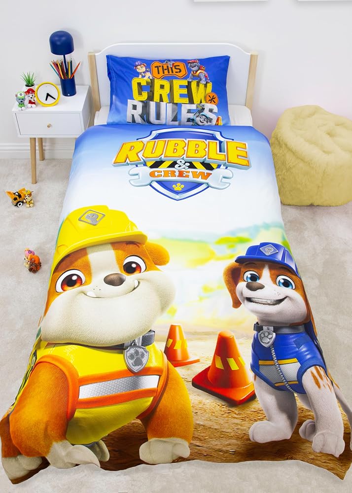 PAW Patrol Officially Licensed Rubble and Crew Design Single Duvet Cover Set, Reversible 2 Sided with Matching Pillowcase