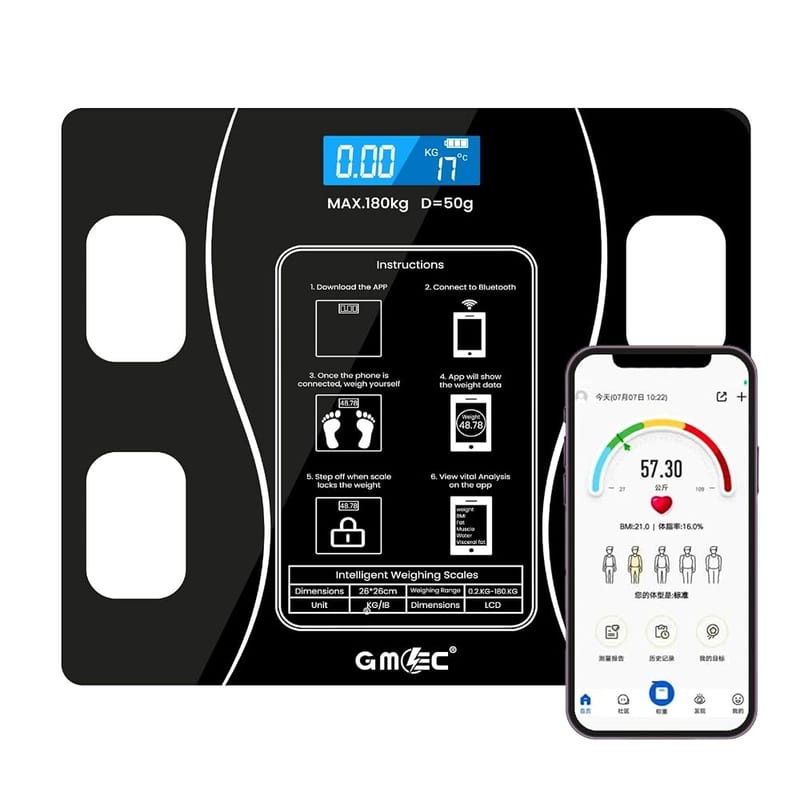 GMEC Smart Body Fat Scale, Bluetooth Digital Bathroom Weighing Scales for Body Weight, BMI, Fat, Muscle & Water