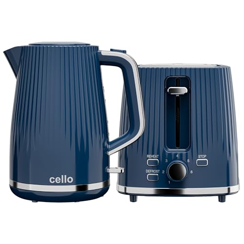 Cello Blue Breakfast Bundle: 1.7L 3000W Rapid Boil Kettle with Auto Shutoff, Cordless & Washable Filter | 850W 2 Slice Toaster with Wide Slots, 7 Browning Levels, High Lift & Illuminated Controls