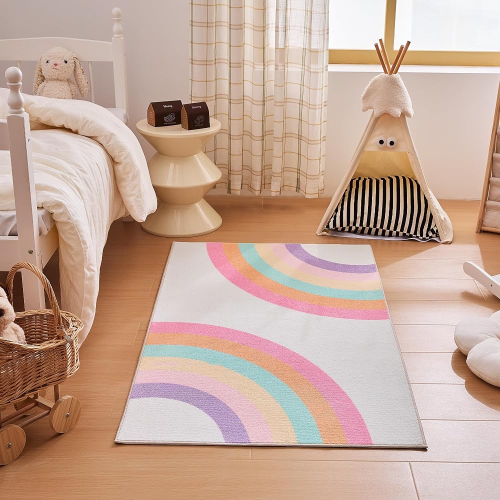 Sonive Rainbow Kids Rug Girls & Boys Soft Non-Slip Area Rug 80x150cm | Washable Floor Carpet for Bedroom, Living Room, Playroom