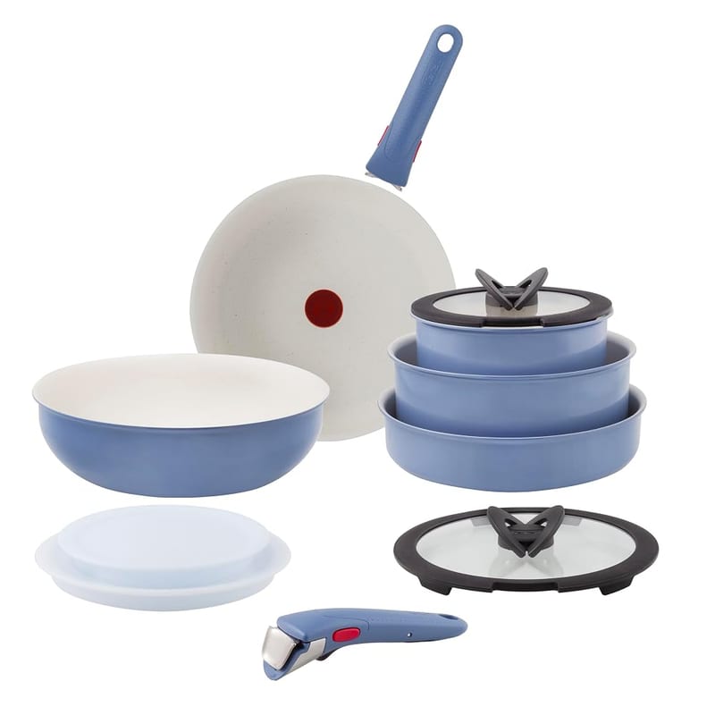 Tefal Ingenio Blue 11-Piece Non-Stick Cookware Set – Induction Frying Pans, Wok, Saucepans with Glass Lids, Detachable Handles, Oven Safe, Stackable, L829SB04