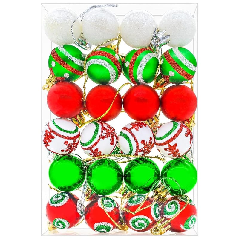 24PCS 3cm Christmas Tree Baubles, Christmas Balls for Tree Decorations, Red and Green Mini Xmas Bauble Ornaments Set