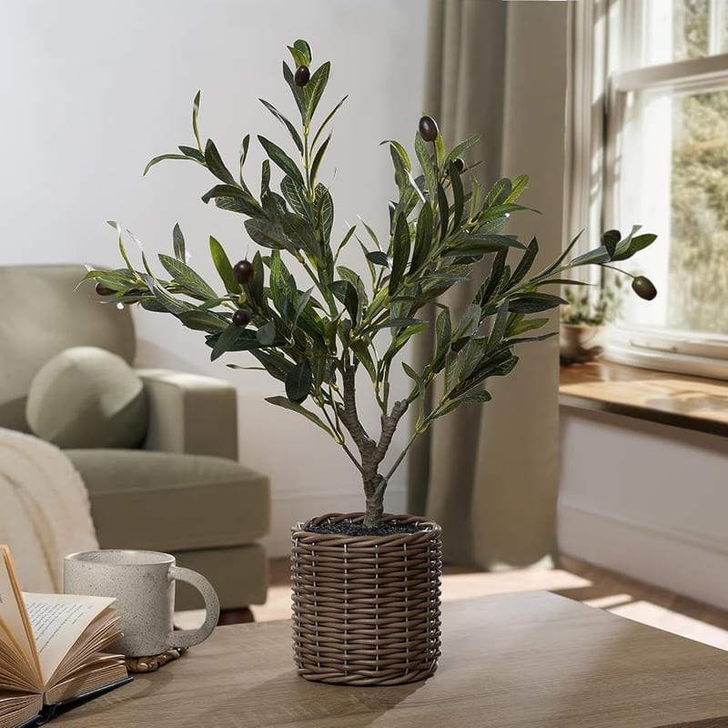 OHS Artificial Olive Tree with Lifelike Leaves, Small Fake Plant Tree in Basket, Outdoor Indoor Artificial Plant Decorative Realistic Plant for Home Office Garden, Green - 100cm