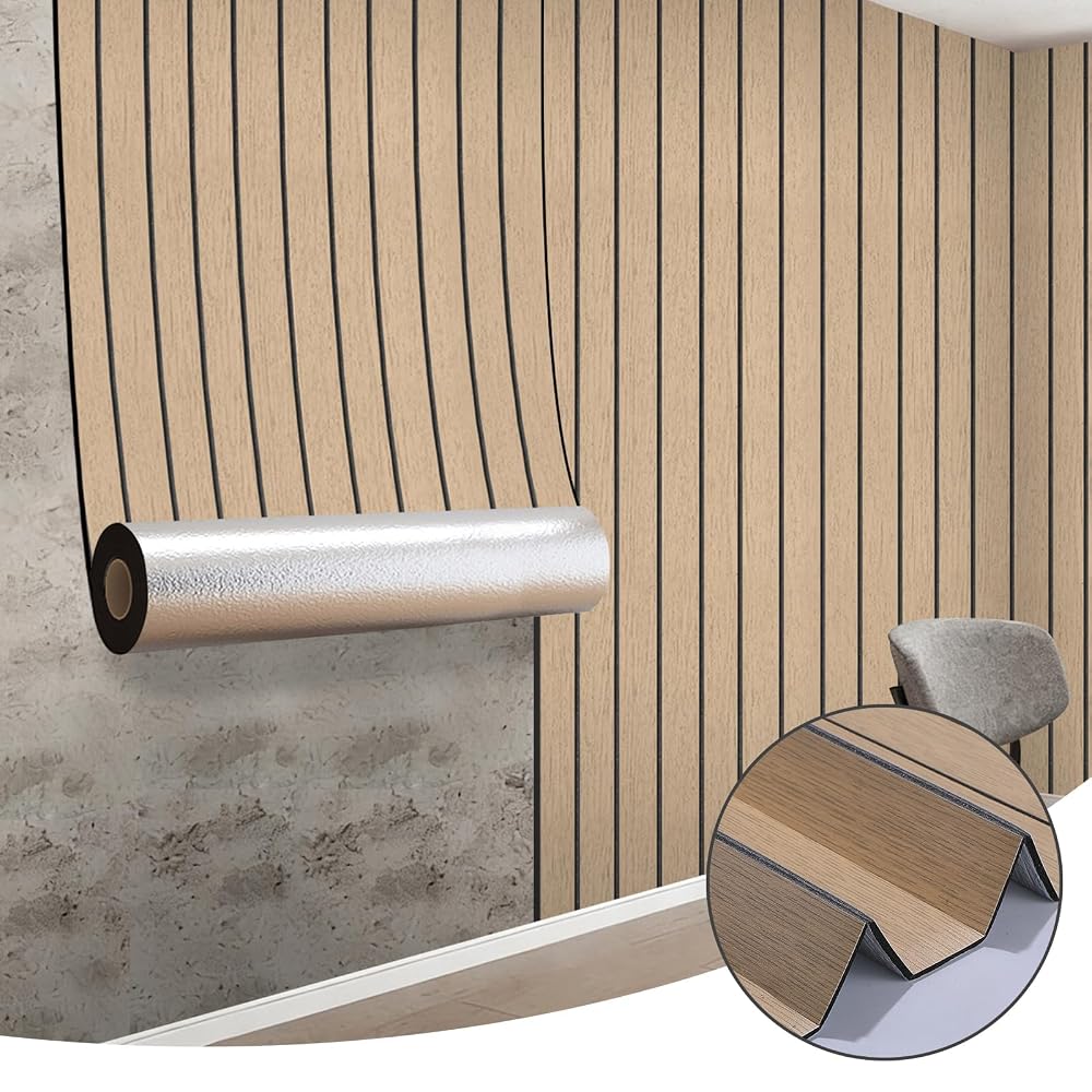 Snewvie Peel and Stick Wood Slat Wall Panels 40cm x 3m (13 sq.ft) Decorative PVC Wall Panels, Soundproof, Self-Adhesive (Brown, 1 roll)