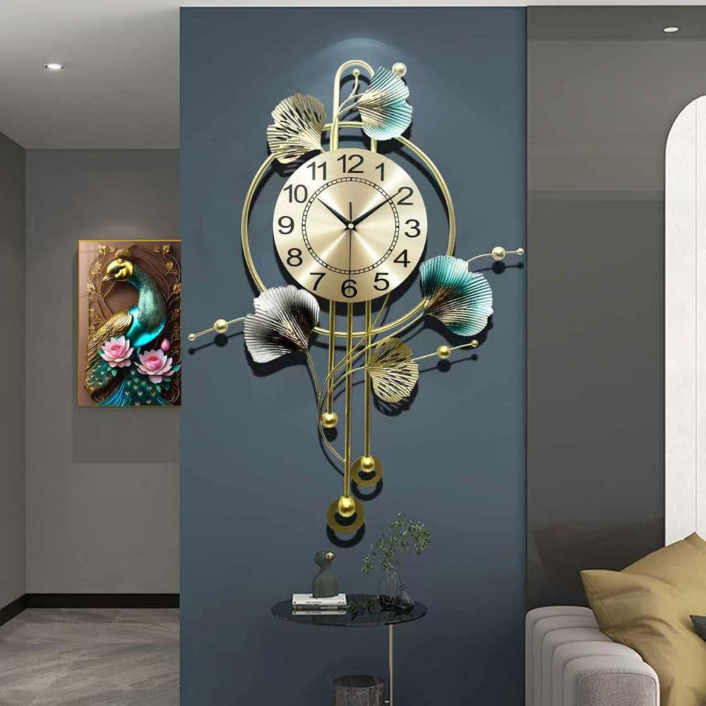 KHCCJP Large Decorative Wall Clock, Modern Silent Non-Ticking, Metal Iron Ginkgo Leaf Design Fancy Style Wall Quartz Clock for Living Room Bedroom Hotel Porch, Green, 70x52cm