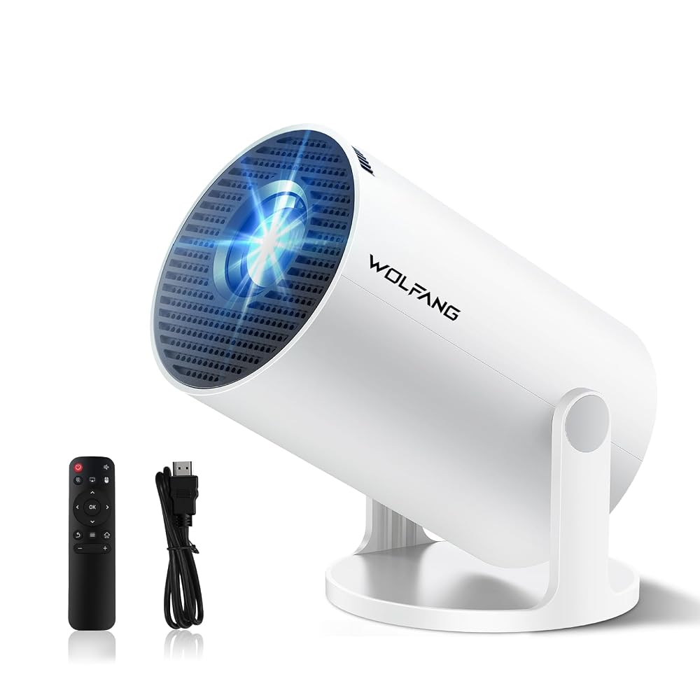 WOLFANG Mini Projector with Built-in Apps & WiFi 6, 1080P FHD Portable Projector with Bluetooth & Auto Vertical Keystone, 180° Rotatable Projection