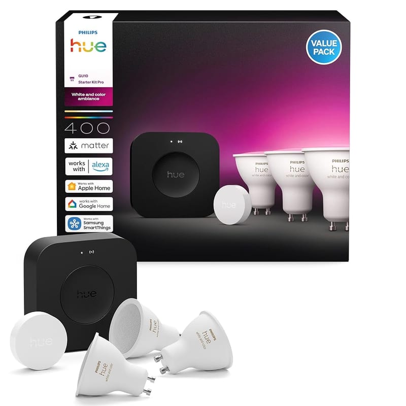 Philips Hue Starter Kit Bridge Pro + 3 GU10 Spotlights + Button, White and Colour Ambience Smart Bulbs