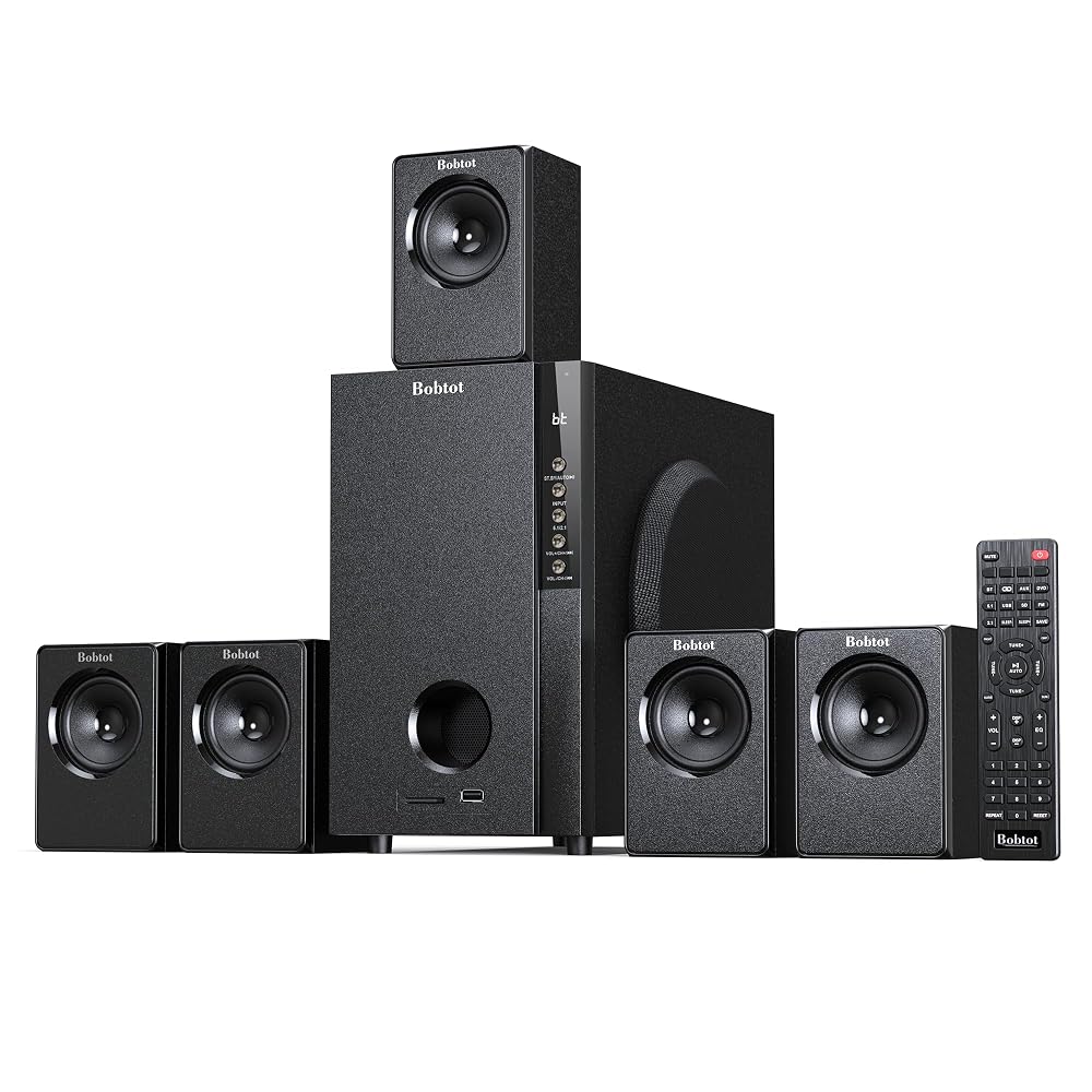 Bobtot Home Theater Systems with 5.25 inch Subwoofer, 600 Watts Peak Power, 5.1 Wired Satellite Surround Sound Speakers, Deep Bass Audio Stereo System with FM Radio Bluetooth AUX DVD USB SD Input