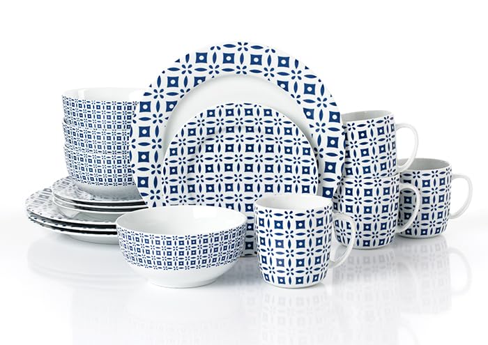 Waterside 16pc Blue & White Geo Porcelain Dinner Set, 4 Dinner Plates, Side Plates, Deep Bowls & Mugs