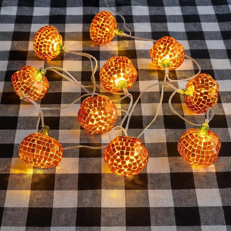 Talking Tables Pumpkin Disco Ball Indoor Halloween LED String Lights, Warm Glow Fun Autumnal Decorations, 1.6m