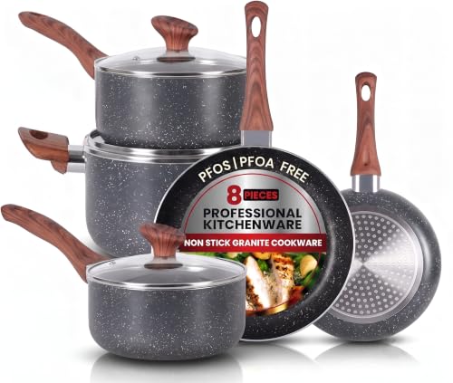 BARGAIN FACTORY Non-Stick Granite Pots and Pans 8 Pieces Set, Cookware Set, Induction Hob, Glass Lids, Wood-Look Handles, Cooking Marble Grey