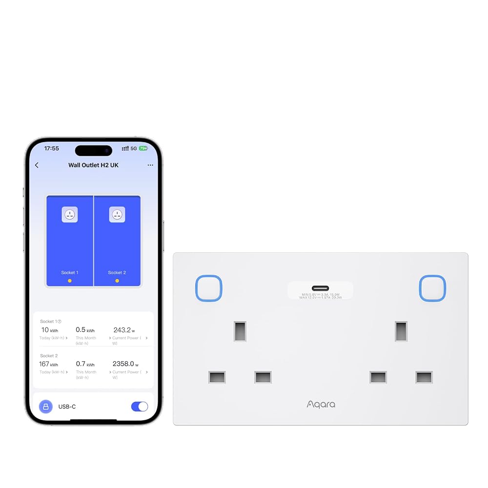 Aqara Wall Outlet H2 UK, Matter over Thread, Double Socket, 20W USB-C, Energy Monitoring & Automations, Requires Aqara Hub