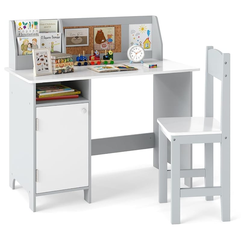 GYMAX Kids Desk and Chair Set, Wooden Children Table with Chair, Storage Space, Marker Whiteboard and Bulletin Board, White + Grey