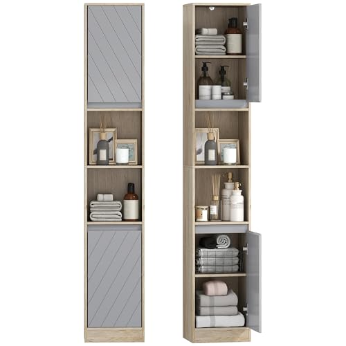 HOMCOM Tall Bathroom Cabinet with Bamboo Doors and Legs, Freestanding Storage Cupboard