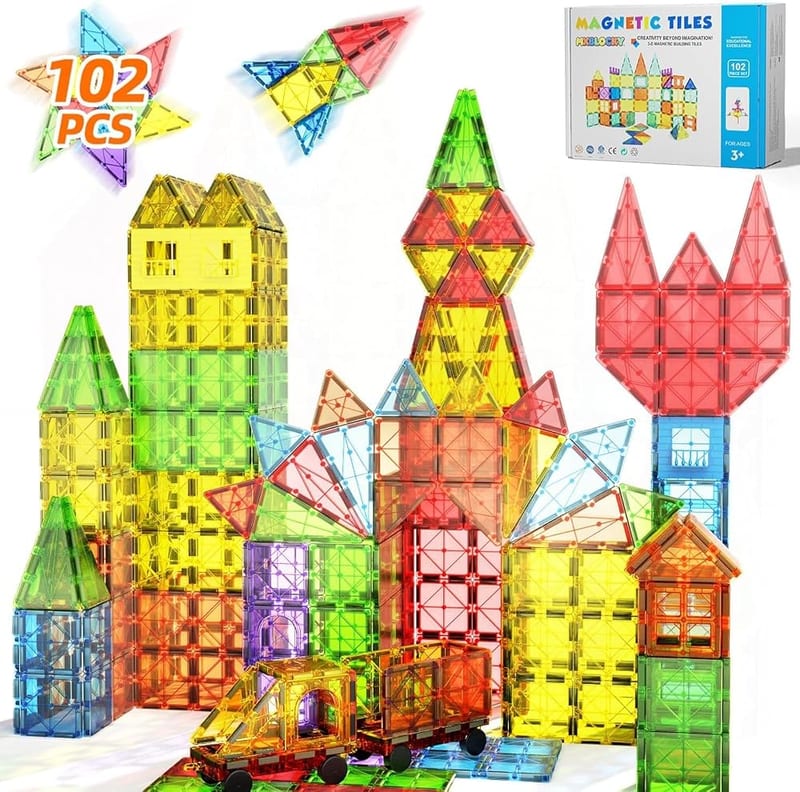 102PCS Magnetic Tiles with 2 Cars, Magnet Building Blocks Sensory Stacking Toy for Toddlers & Kids, Ideal for Preschool STEM Learning Montessori Toys, Christmas Birthday Gifts for Boys Girls Ages 3+