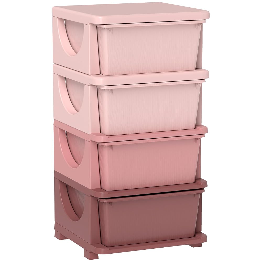 HOMCOM 4 Drawers Plastic Kids Storage Unit, Montessori-Inspired Toy Organiser for Ages 3-6, Pink
