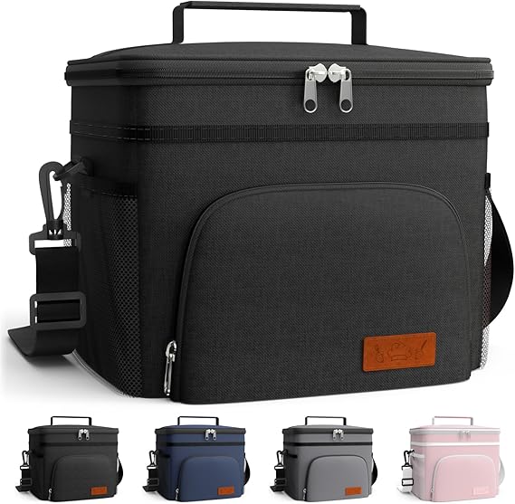 HOTOR Insulated Lunch Box for Men Women Leak-Proof Cooler Lunch Bag | 4 Pockets Adjustable Strap, Food Cooler, Ideal for Work, Office, Picnic, Travel, Medium, Black, 10.2" x 6.9" x 8.5"