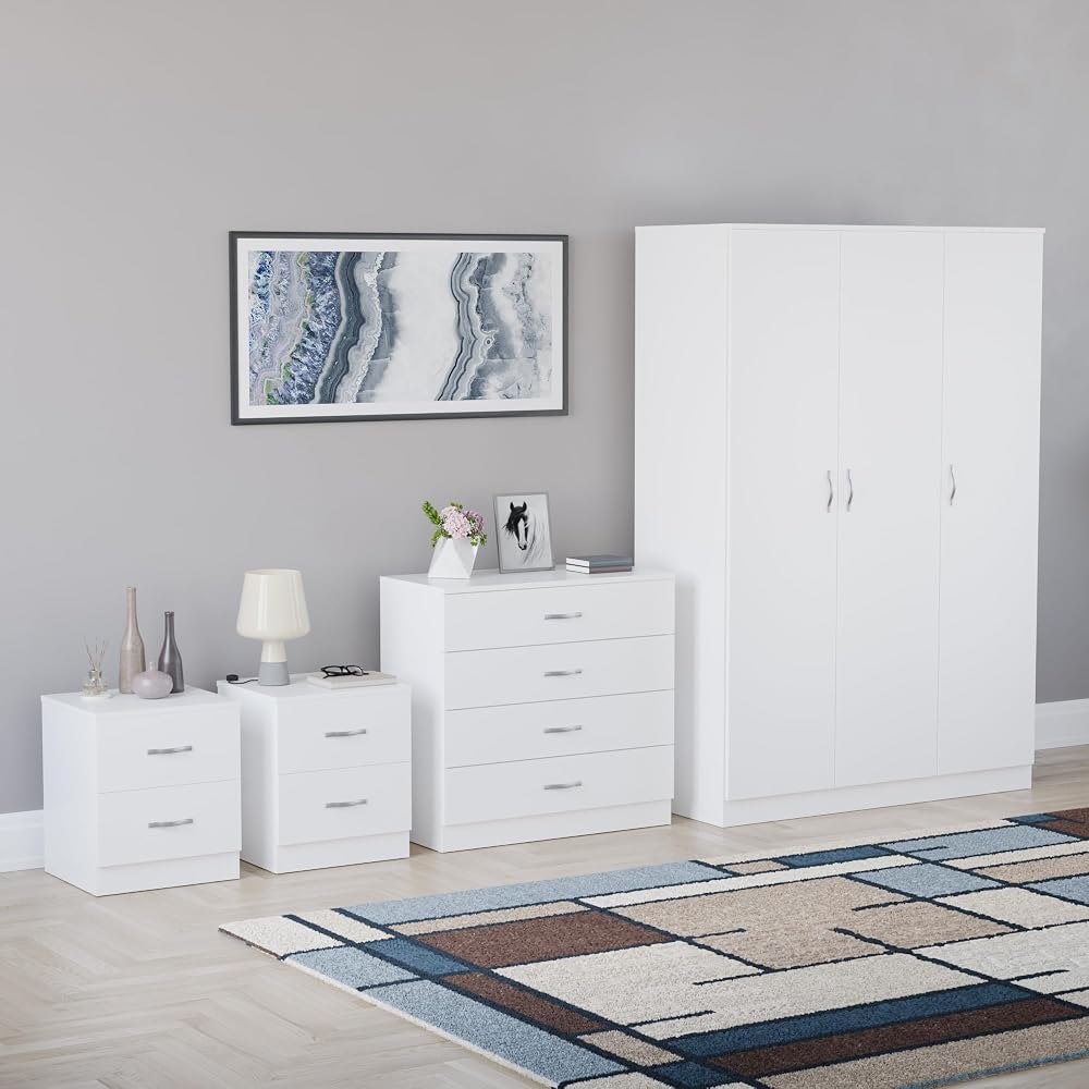 Vida Designs Riano 4 Piece Bedroom Set - 2 Drawer Bedside Chest, 4 Drawer Chest, 3 Door Wardrobe, White