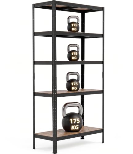 REQUISITE NEEDS Garage Shelving Unit LARGE Heavy Duty 875kg Capacity 5 Tier 1.8M Long Metal Boltless Storage Racking Shelf, 90x40x180cm Adjustable Racks for Shed Warehouse Workshop, Black