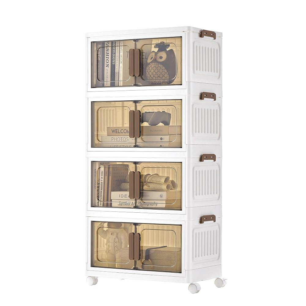 SONGMICS Storage Boxes with Lid, 4-Tier Stackable Organiser on Wheels, White, 100L Total