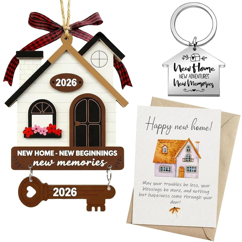 3 Pcs House Warming Gifts New Home Gifts Ornament, Housewarming Gift Key Chain and Card, New Beginnings Keepsake, Xmas Tree Decor, Holiday Memories for First Home Family Colleague Friends Teacher