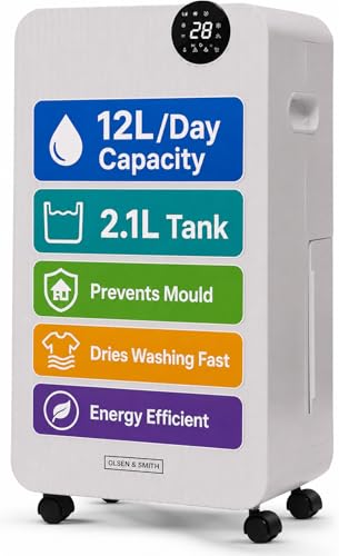 Olsen & Smith 12L/Day Quiet Electric Dehumidifier on Wheels for Home, Damp & Mould Control