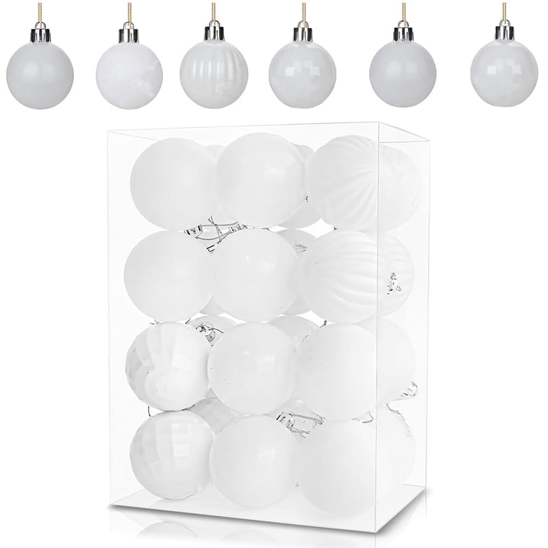 24Pcs White Baubles for Christmas Tree Decorations, 60mm/2.36" Large Xmas Bauble Hanging Ball, Shatterproof Ornaments with String