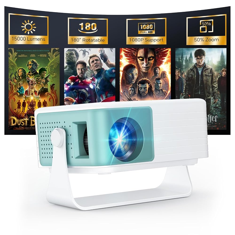 WOLFANG Mini Projector, Home Cinema Projector for Bedroom, Portable 1080P Full HD Supported with Auto Keystone Correction, 50% Zoom & 180° Rotation