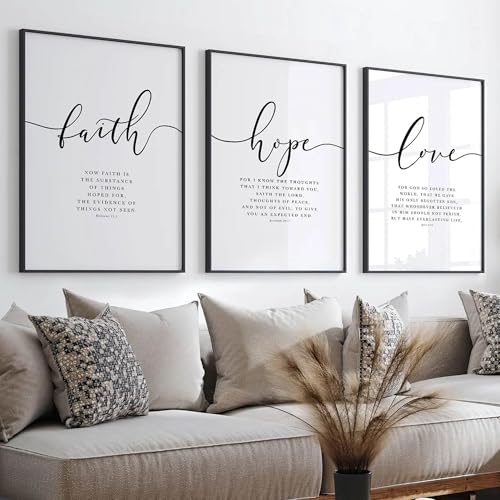 Faith Hope Love Wall Art Set, Black and White Bible Verse Prints, Modern Farmhouse Decor, Unframed (A3-29.7 x 42.0 cm)