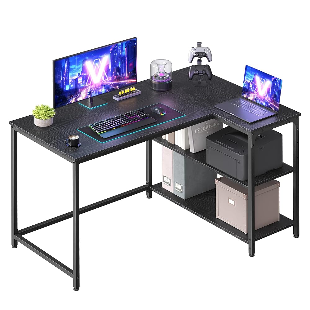 VASAGLE L Shaped Corner Desk, Computer Gaming Desk with Storage, Reversible Height-Adjustable Shelves, for Home Office, 110 x 80 cm, Ebony Black LWD135BE01
