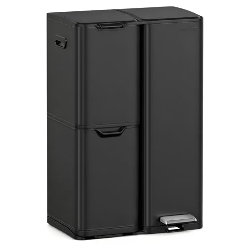 mVm Kitchen Bin, 60L Triple Rubbish Bin, 3 Compartment Stainless Steel Pedal Bin, Recycling Bin with Soft-Close Lids