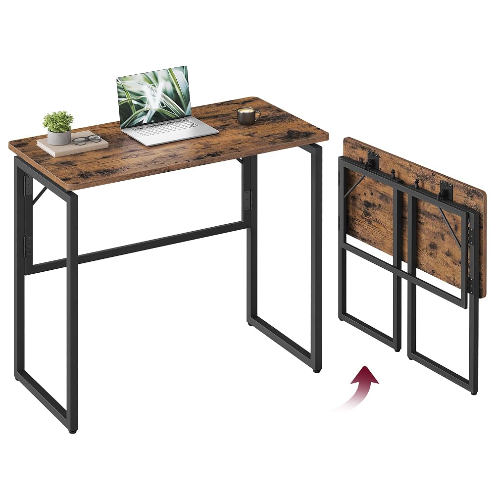 VASAGLE Folding Desk, Foldable Computer Desk, One-Piece Desktop Top, Rounded Edges, Small Home Office Writing Table for Bedroom, Balcony, Camping, Easy Assembly, 80 x 40 cm, Rustic Brown LWD151KD01