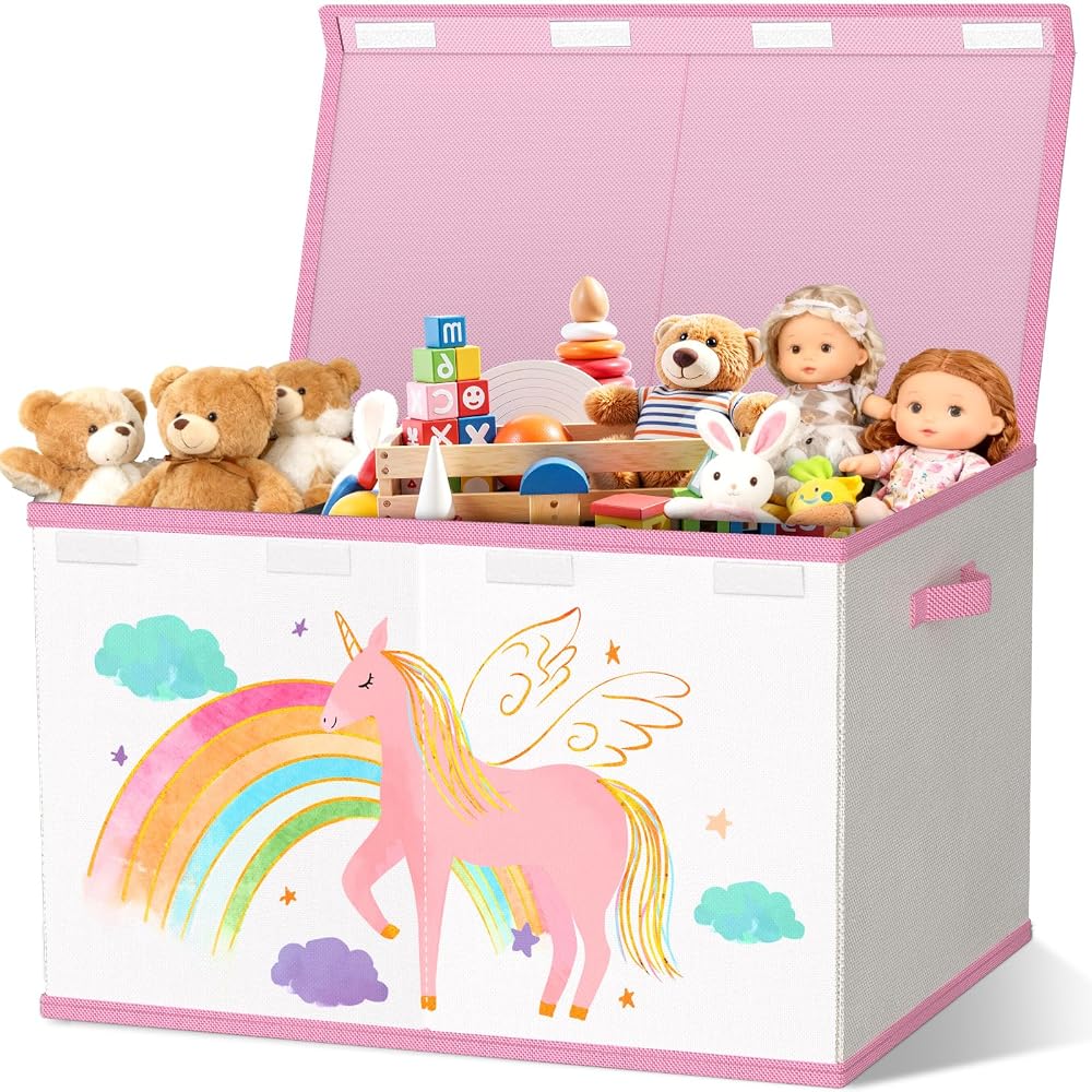 VERONLY Toy Storage Box with Lids for Girls Boys - Fabric Large Kids Toy Chest Container, Foldable Basket Organiser with 2 Handles