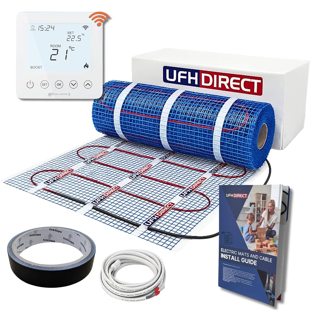 UFH Direct Professional Electric Underfloor Heating Mat Kit, 200W/m², Ultra-Thin PTFE Cable, Self-Adhesive Mesh, 1m²