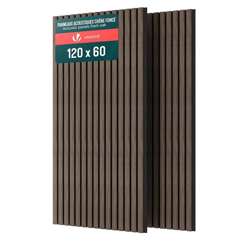 VOUNOT Wooden Slat Acoustic Wall Panels 2 Pack 120x60cm, Sound Absorbing Decorative Wood Panelling for Living Room, Bedroom & Office, Dark Oak