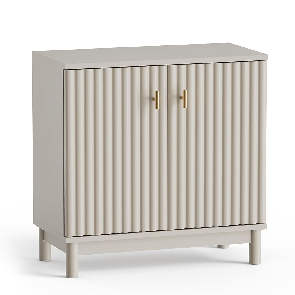 VonHaus Victoria Bathroom Storage Cabinet, Stone Cupboard with Fluted Textured Doors & Gold Handles, Freestanding