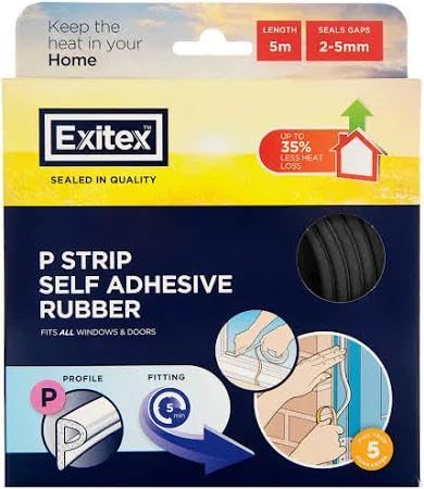 Exitex Self Adhesive P Strip Draught Excluder 5m - EPDM Rubber Weather Seal for Doors & Windows - Seals Gaps 2-5mm - Energy Saving Draft Stopper (Black)