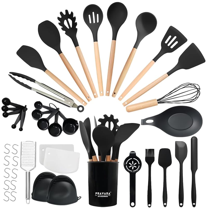 Pravara Kitchen Utensils Set - 42 Piece Silicone Cooking Utensils Set with Wooden Handles, Ideal Housewarming Gift