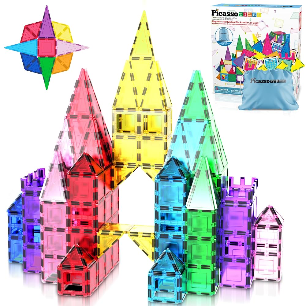 PicassoTiles Magnetic Building Blocks with Car Base, Drawstring Storage Bag, Magnetic Building Blocks, Construction Toy, STEM Learning Kit, Education Set 3+, PC61