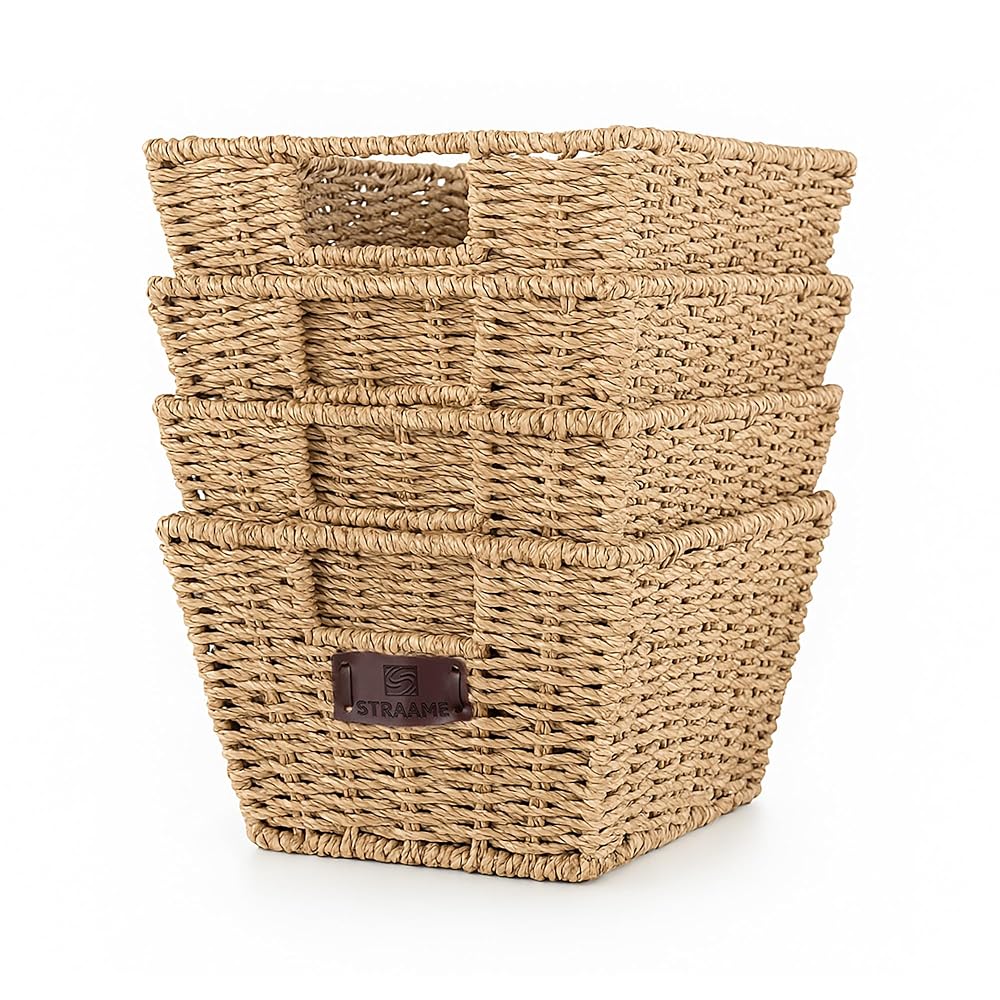 Straame Seagrass Storage Baskets, Set of 4, Handwoven with Handles, Steel-Reinforced Frame, Natural