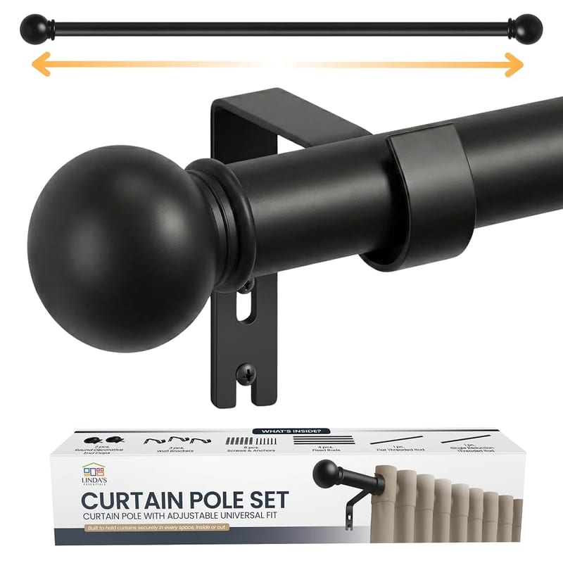 Extendable Curtain Poles 87-243cm - Adjustable Metal Curtain Poles for Eyelet Curtains with Ball Finials & Wall Brackets (16mm Diameter, Black)