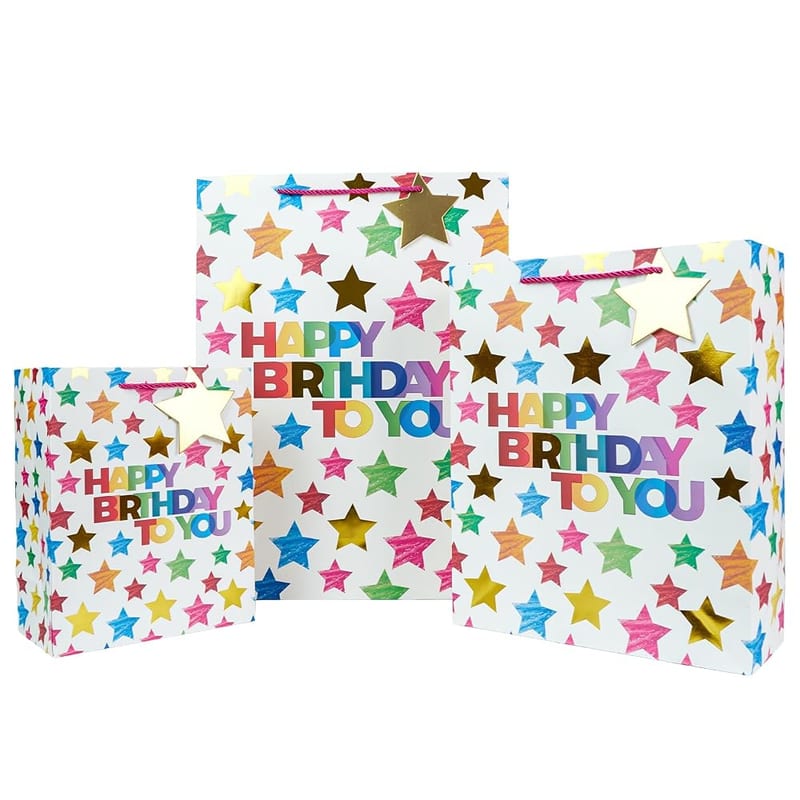 Happy Birthday Gift Bag Bulk, 3 Pcs Assorted Sizes with Handle and Gift Tag for Adults and Kids (White)