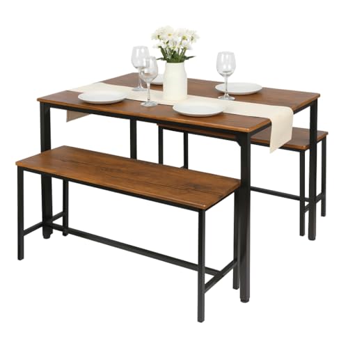 Harbour Housewares 4 Seater Compact Dining Set - Brown & Black Table with 2 Benches - Small Space Saving Kitchen Dining Furniture with Wood Finish & Metal Frame for Modern Homes