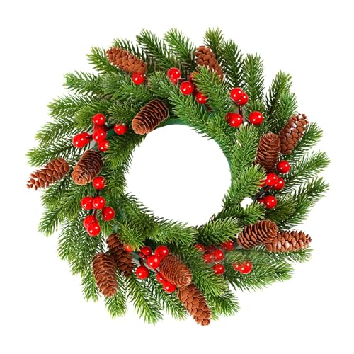 Artificial Christmas Wreath for Front Door, 36cm Real Touch Red Berry Pine Cone Eucalyptus Winter Wreath, Outdoor Indoor Xmas Decor for Wall Window Porch