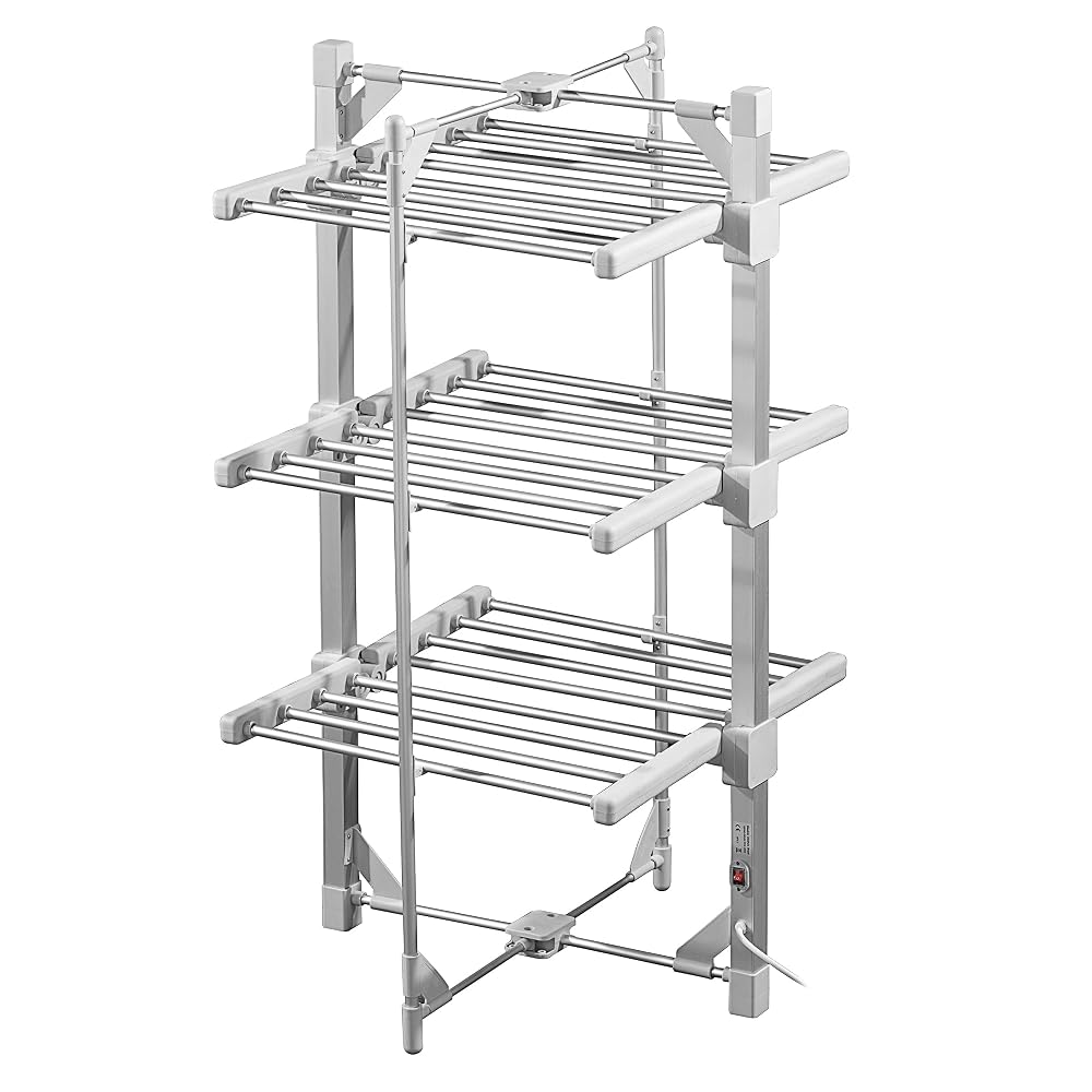 Daewoo 3-Tier Foldable Heated Clothes Airer with Cover, Compact Space-Saving Electric Drying Rack