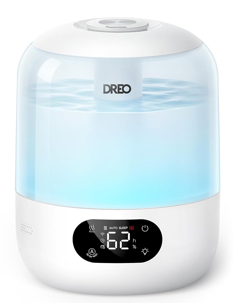 DREO Humidifier for Bedroom with Sensor, 26dB Quiet Cool Mist Ultrasonic Humidifiers for Home, 360° Nozzle, 30H Runtime, Ambient Light Indicator, Essential Oil Diffuser, Room, Plants, Nursery, White