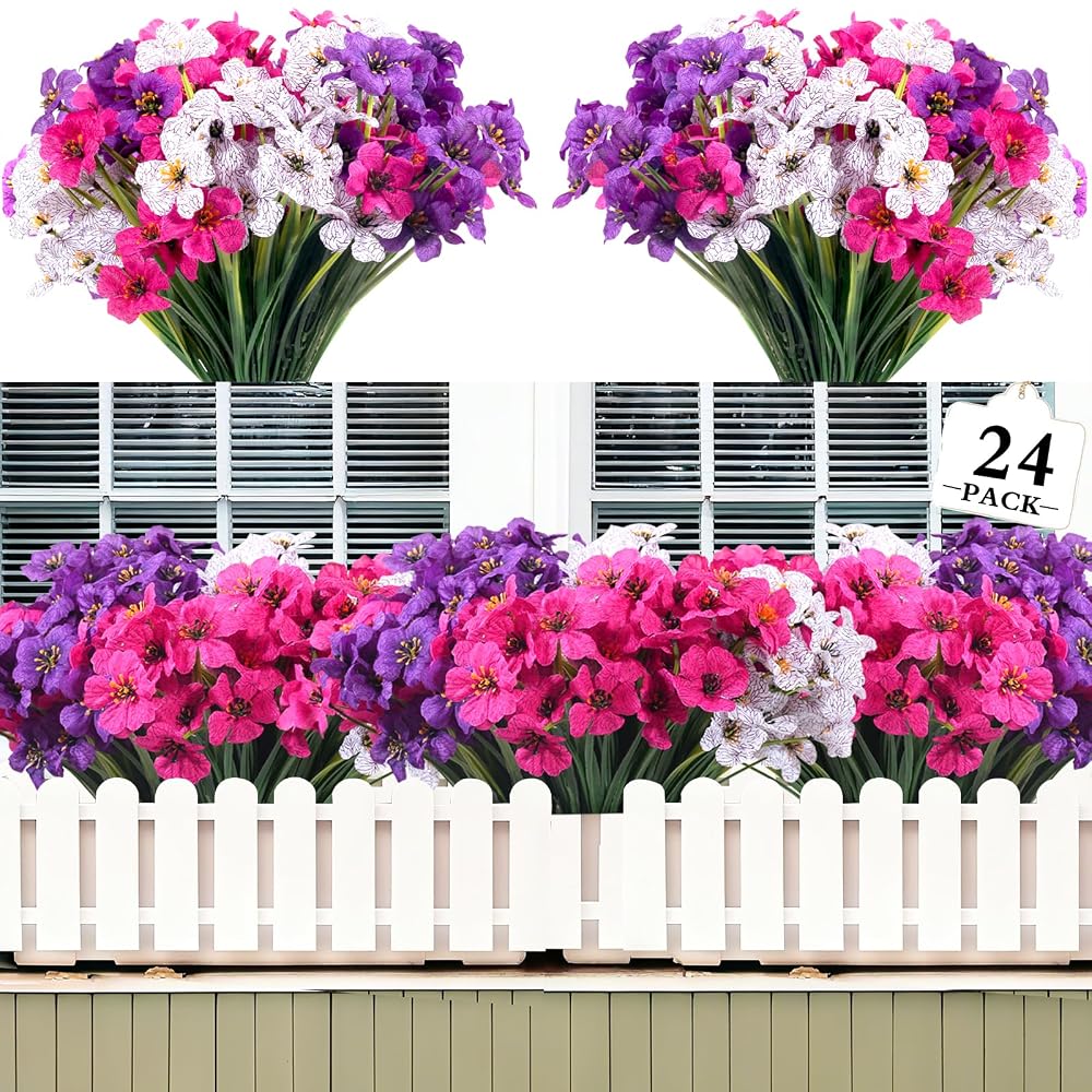 Kradeler 24 Bundles Artificial Flowers for Outdoor, UV Resistant Fake Flowers for Garden and Window Box Décor