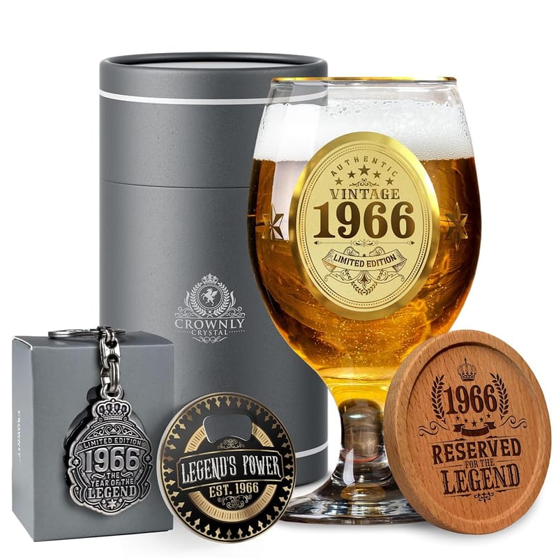 CROWNLY CRYSTAL 1966 60th Birthday Gifts for Men, Personalised Engraved Beer Glass, Vintage Year Design